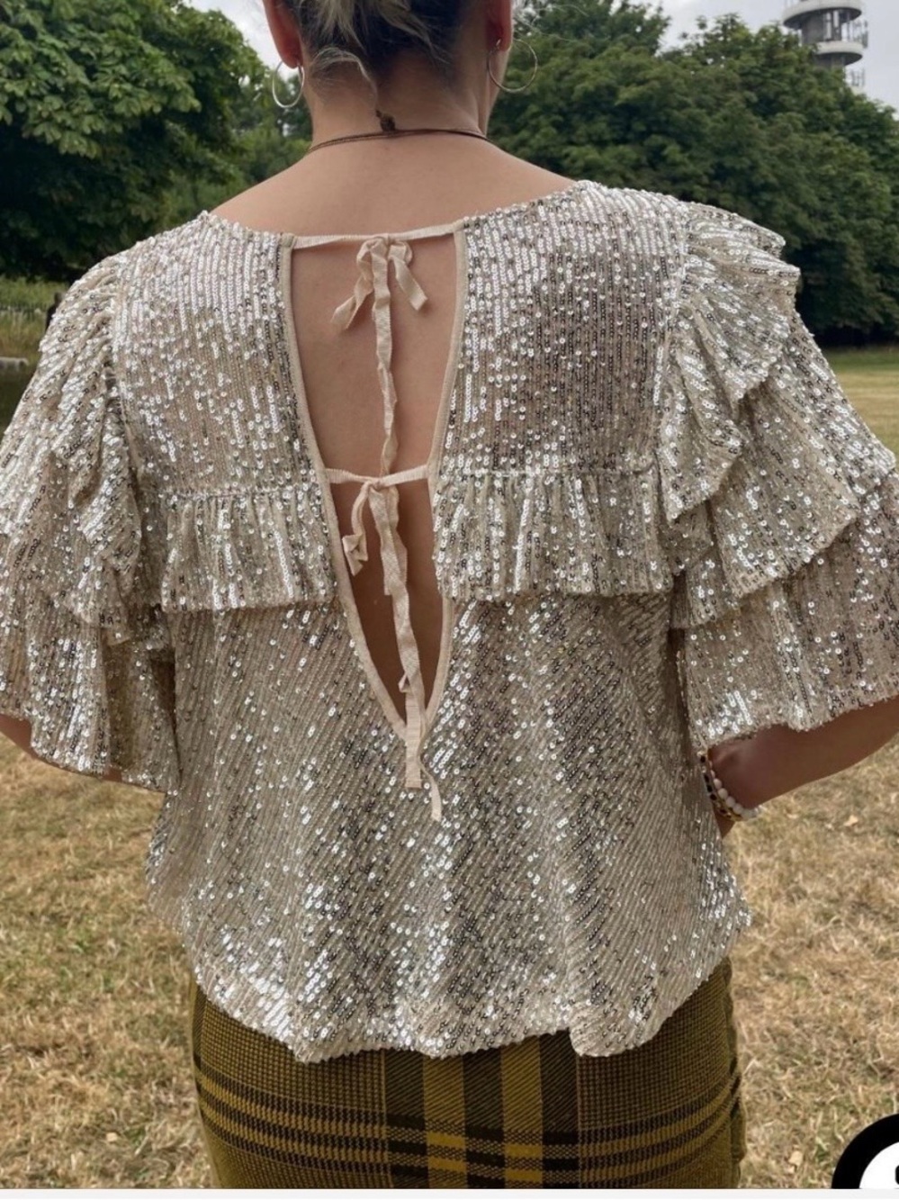 Free People Gold Sequin Ruffle Back-Tie Top
